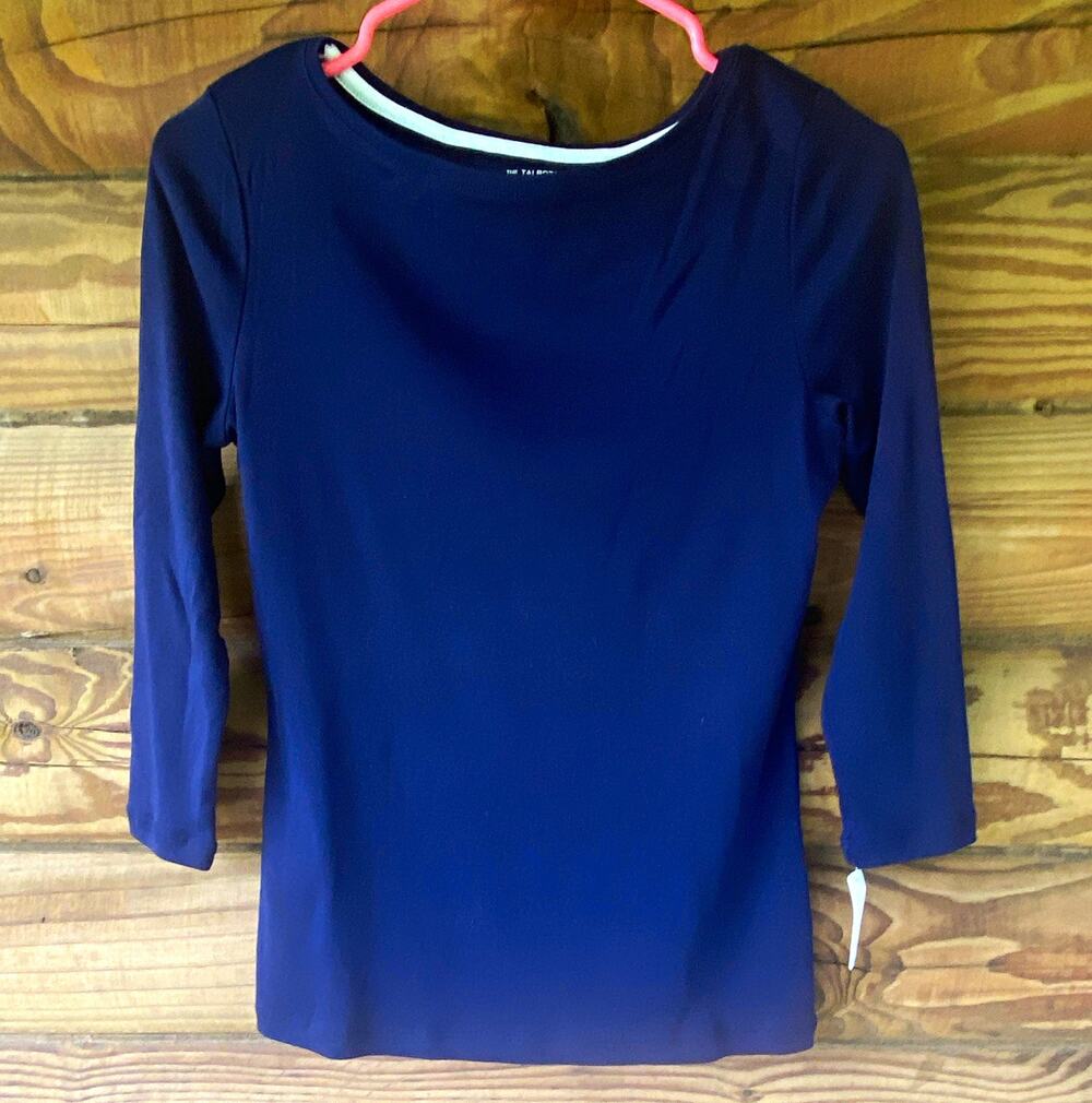 Talbots Petite P Navy Solid Pima Cotton Knit Round Neck 3/4 Sleeve Tee